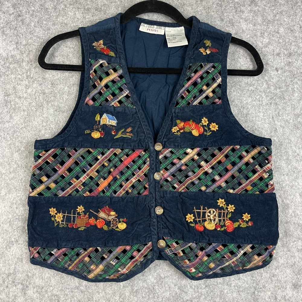 Vintage Victoria Jones Embroidered Vest Womens Petite Medium Lattice Cottage Art